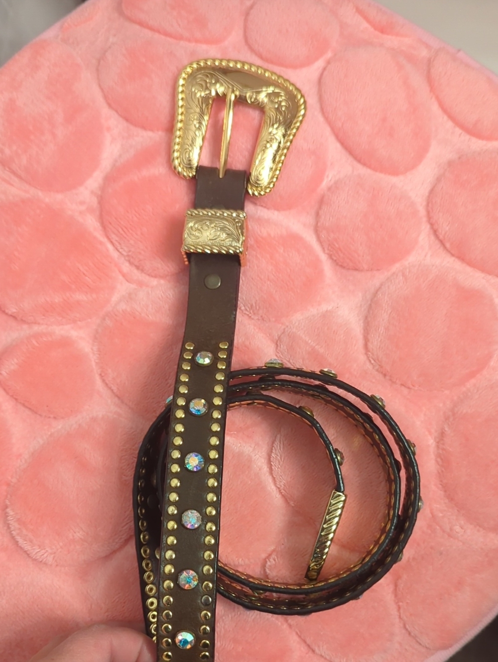 Brown Leather Belt with Gold Ornate Buckle and Iridescent Studs